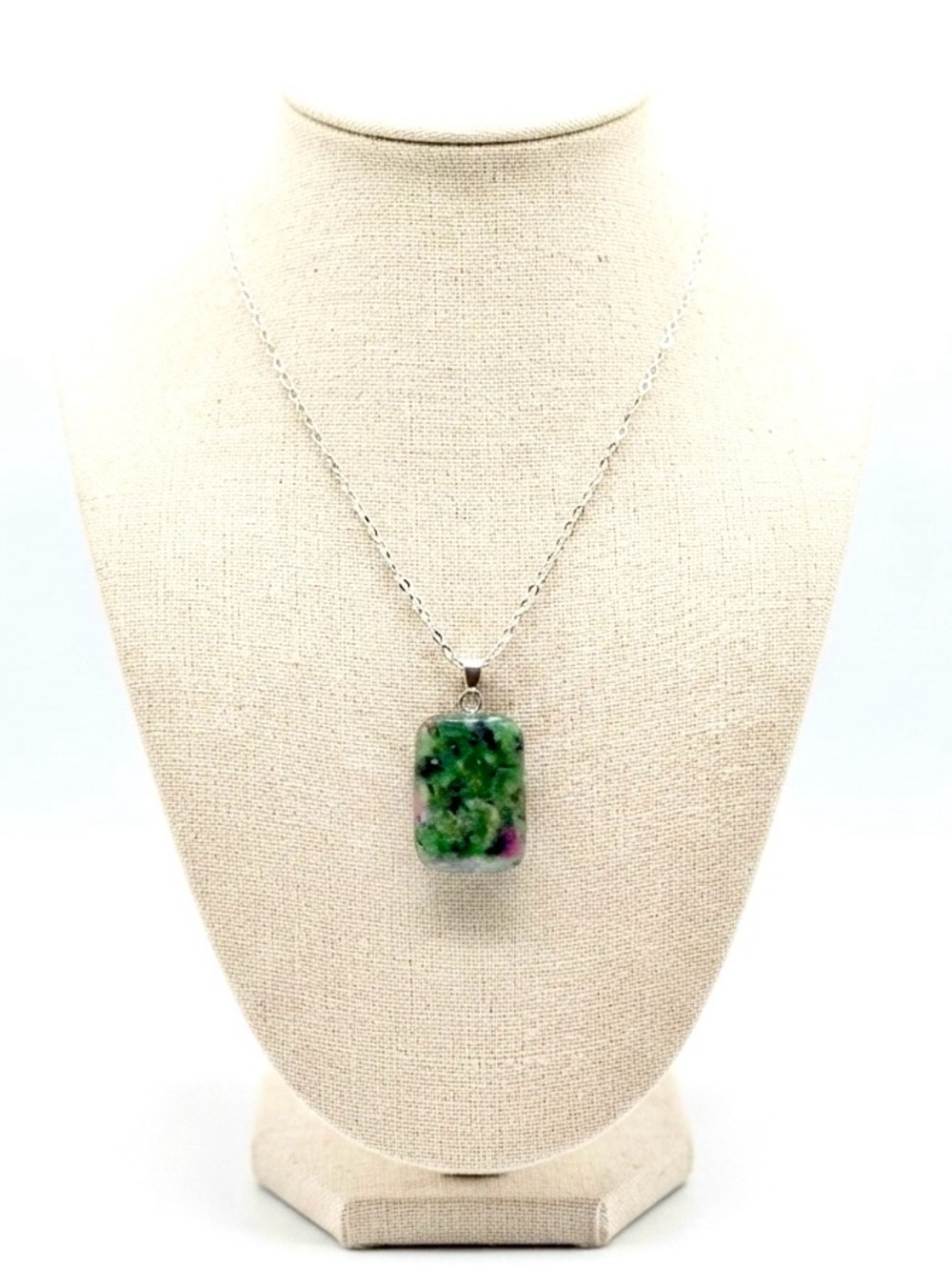 New Ruby in Zoisite 925 Sterling Silver Handmade Rectangle Pink Green Necklace